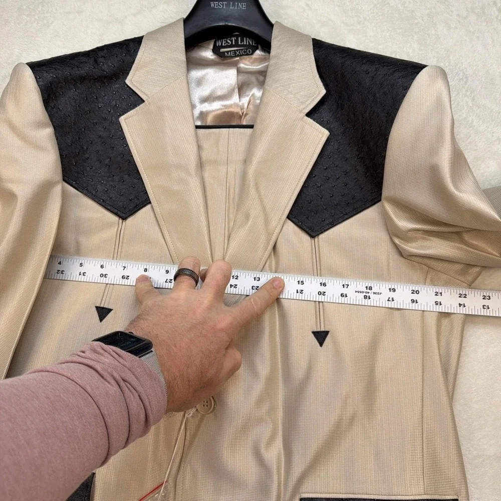 Vintage Western Suit Mens 44R 36 Beige Black Rockabilly Deadstock Set